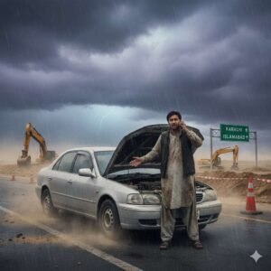 A worried man stands beside his broken-down, dusty silver sedan on a highway. The car's hood is open, revealing the engine. He is talking on a mobile phone, looking distressed.