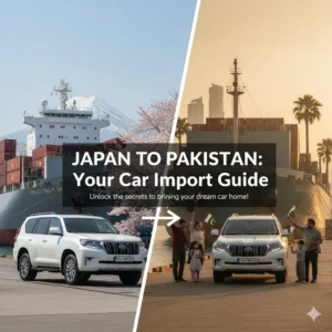 A split-screen graphic titled "JAPAN TO PAKISTAN: Your Car Import Guide." The left side shows a white SUV in Japan, while the right side shows the same vehicle in Pakistan with a family celebrating in front of a cargo ship.