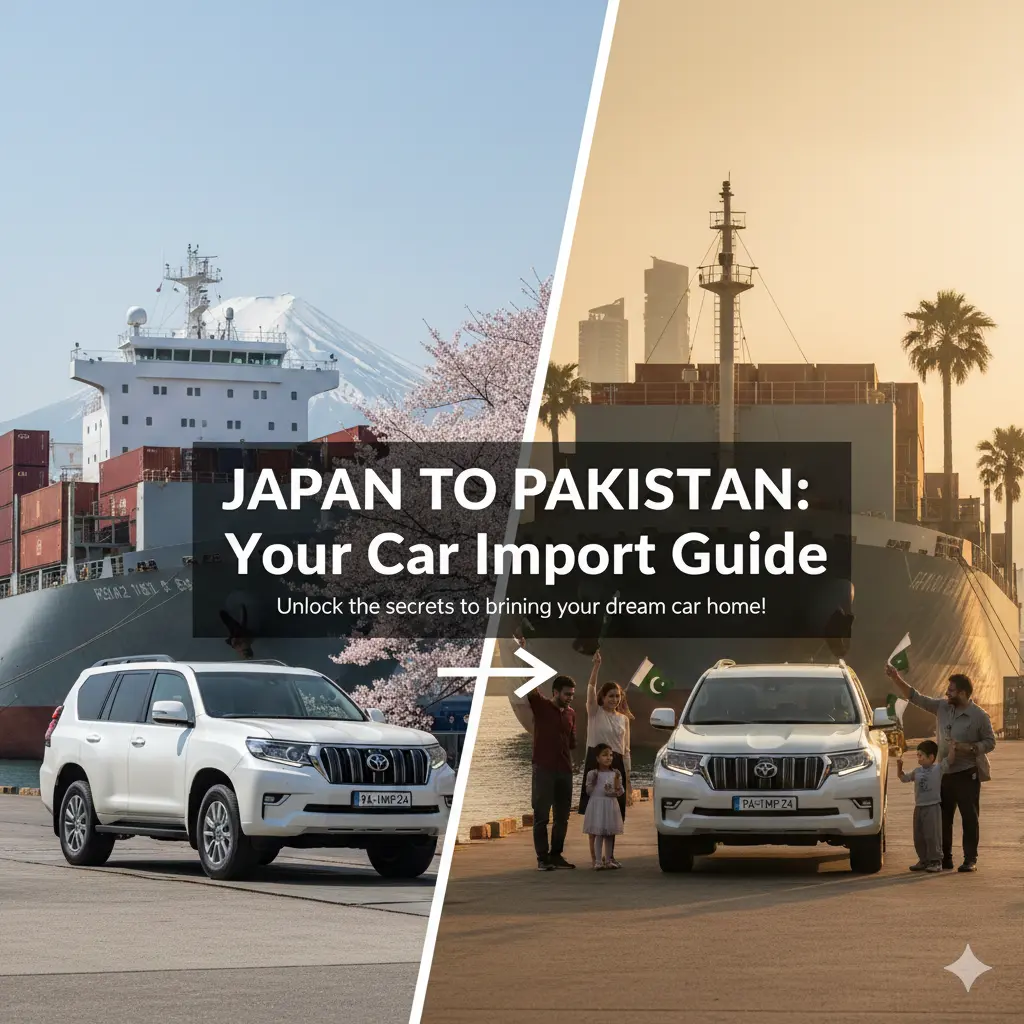 A split-screen graphic titled "JAPAN TO PAKISTAN: Your Car Import Guide." The left side shows a white SUV in Japan, while the right side shows the same vehicle in Pakistan with a family celebrating in front of a cargo ship.